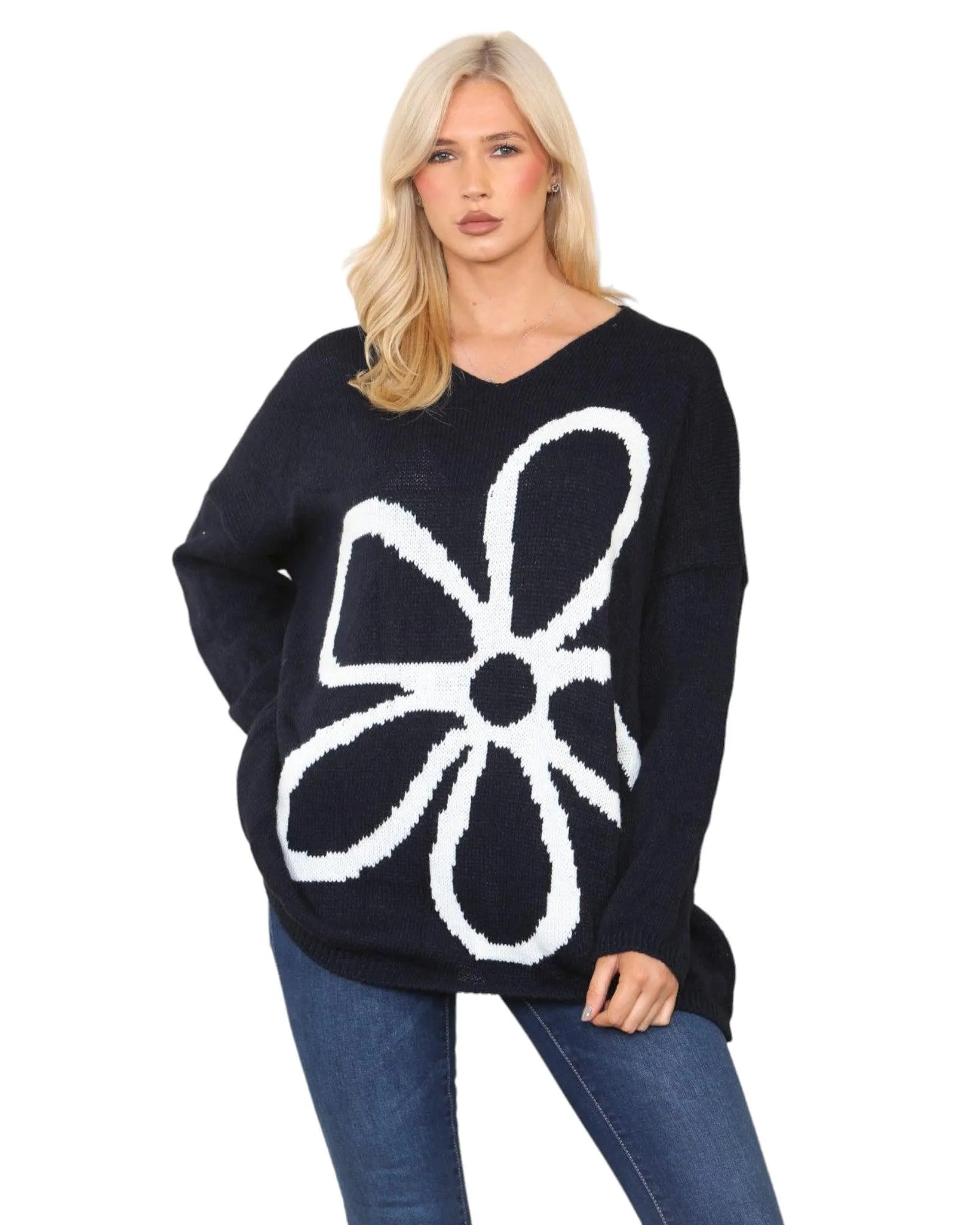 Oversized  Long Sleeve Floral Print  Knitted Jumper Top