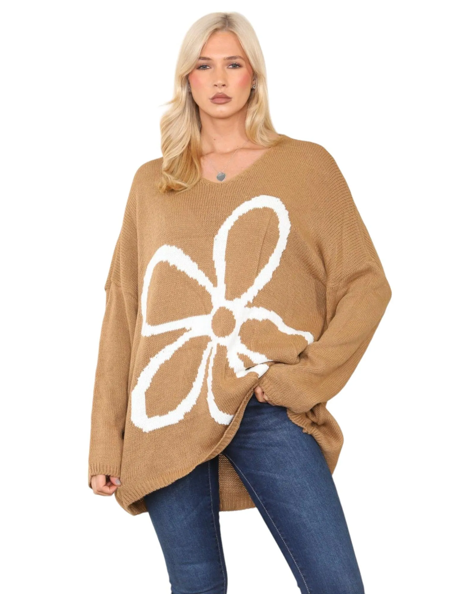 Oversized  Long Sleeve Floral Print  Knitted Jumper Top