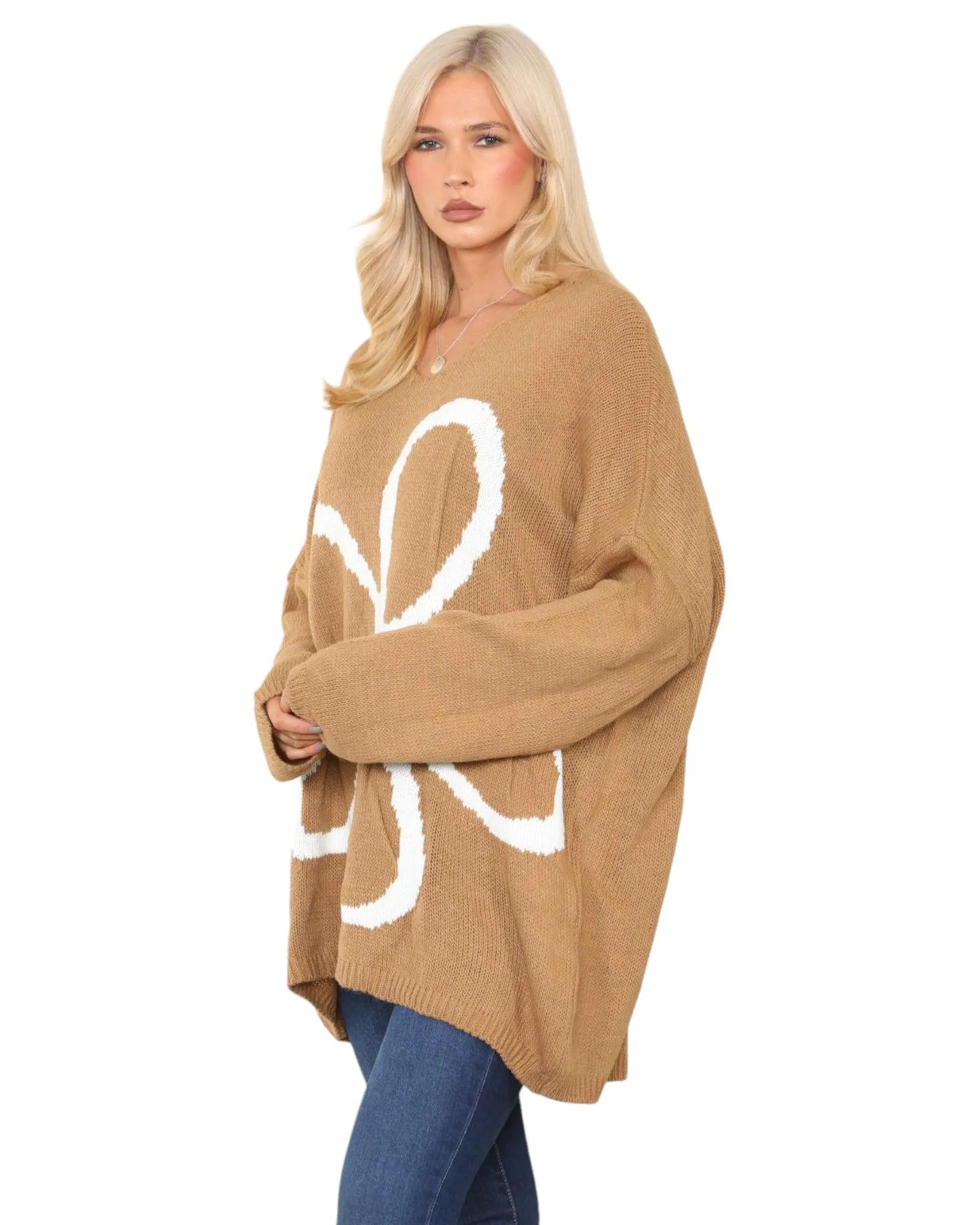 Oversized  Long Sleeve Floral Print  Knitted Jumper Top