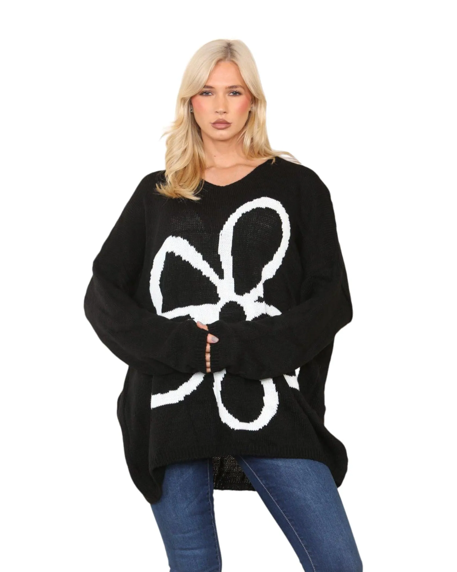 Oversized  Long Sleeve Floral Print  Knitted Jumper Top