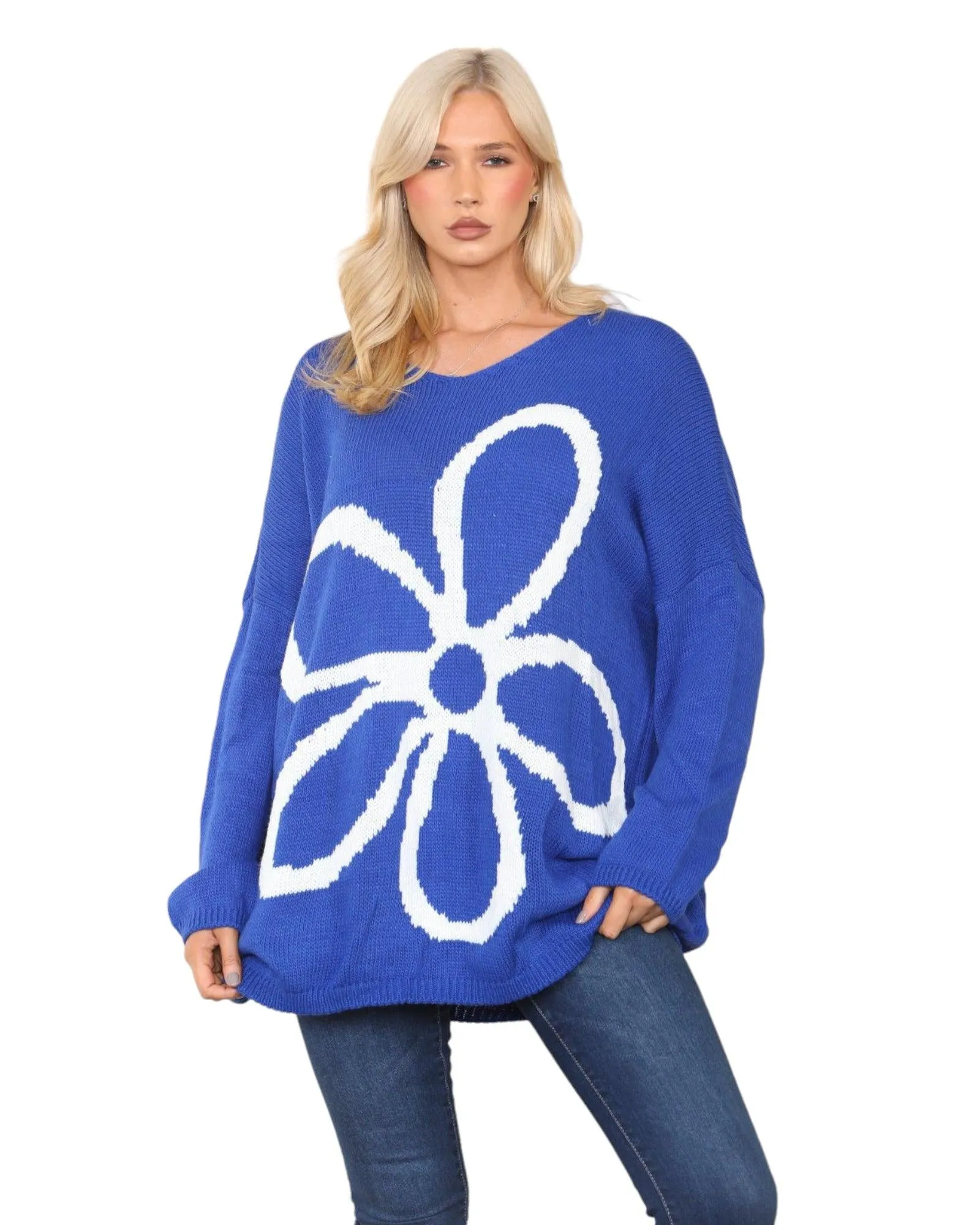 Oversized  Long Sleeve Floral Print  Knitted Jumper Top