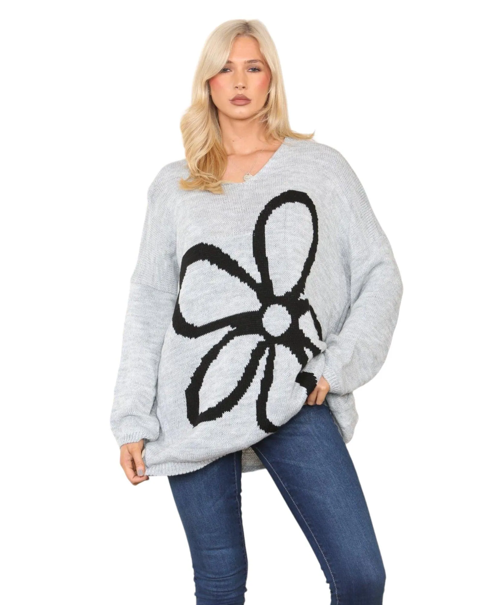 Oversized  Long Sleeve Floral Print  Knitted Jumper Top