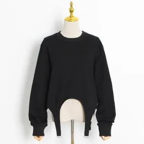 Patchwork Tape Sweatshirt For Female O Neck Long Sleeve High Waist Loose Solid Color Women's Casual Sweatshirt