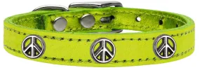 Peace Sign Widget Genuine Metallic Leather Dog Collar Lime Green 20