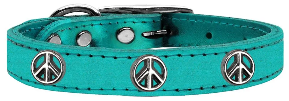 Peace Sign Widget Genuine Metallic Leather Dog Collar Turquoise 24