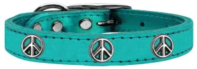 Peace Sign Widget Genuine Metallic Leather Dog Collar Turquoise 24