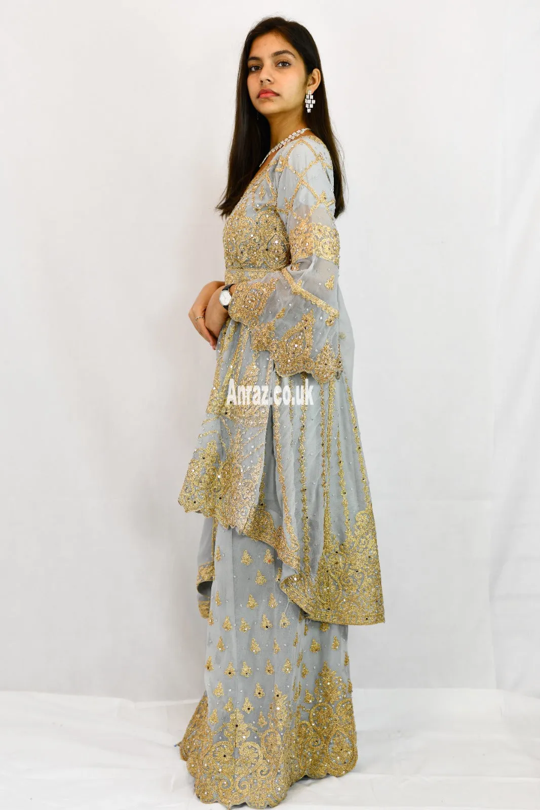 Peplum bell arms tailback top sharara suit | Silver Grey