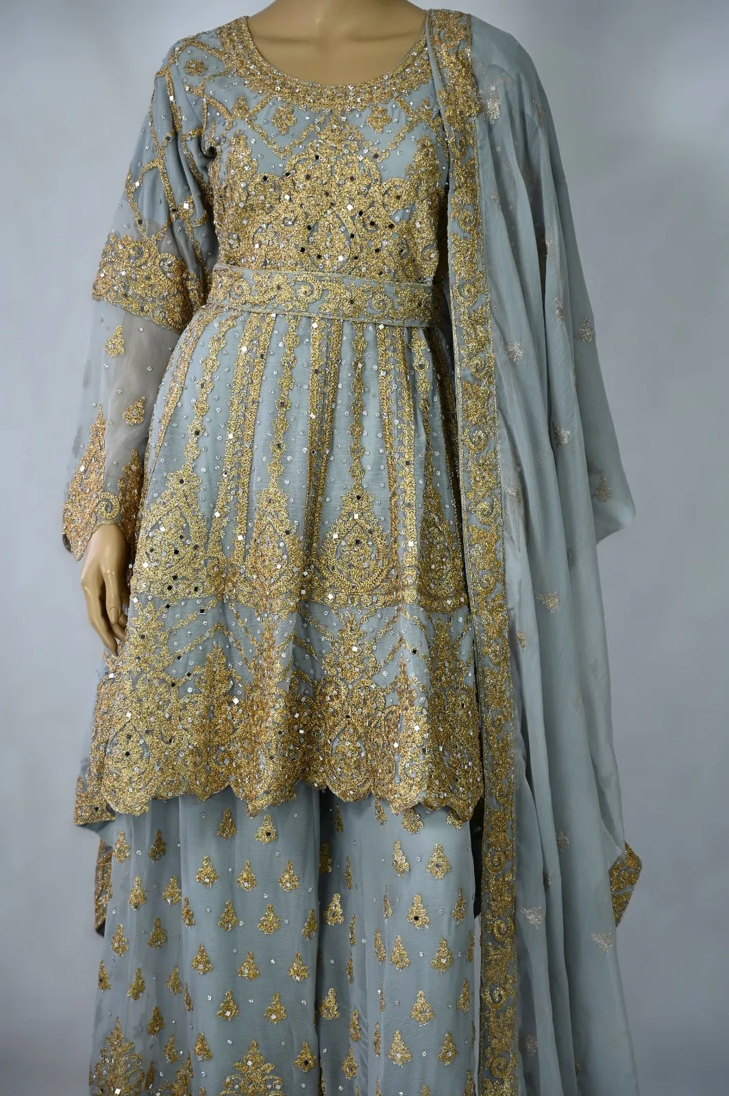 Peplum bell arms tailback top sharara suit | Silver Grey