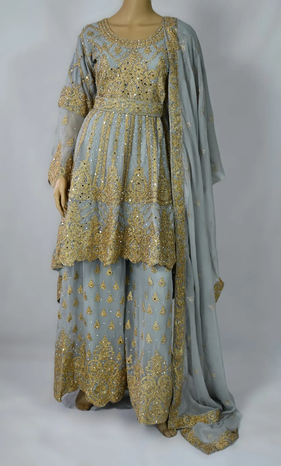 Peplum bell arms tailback top sharara suit | Silver Grey