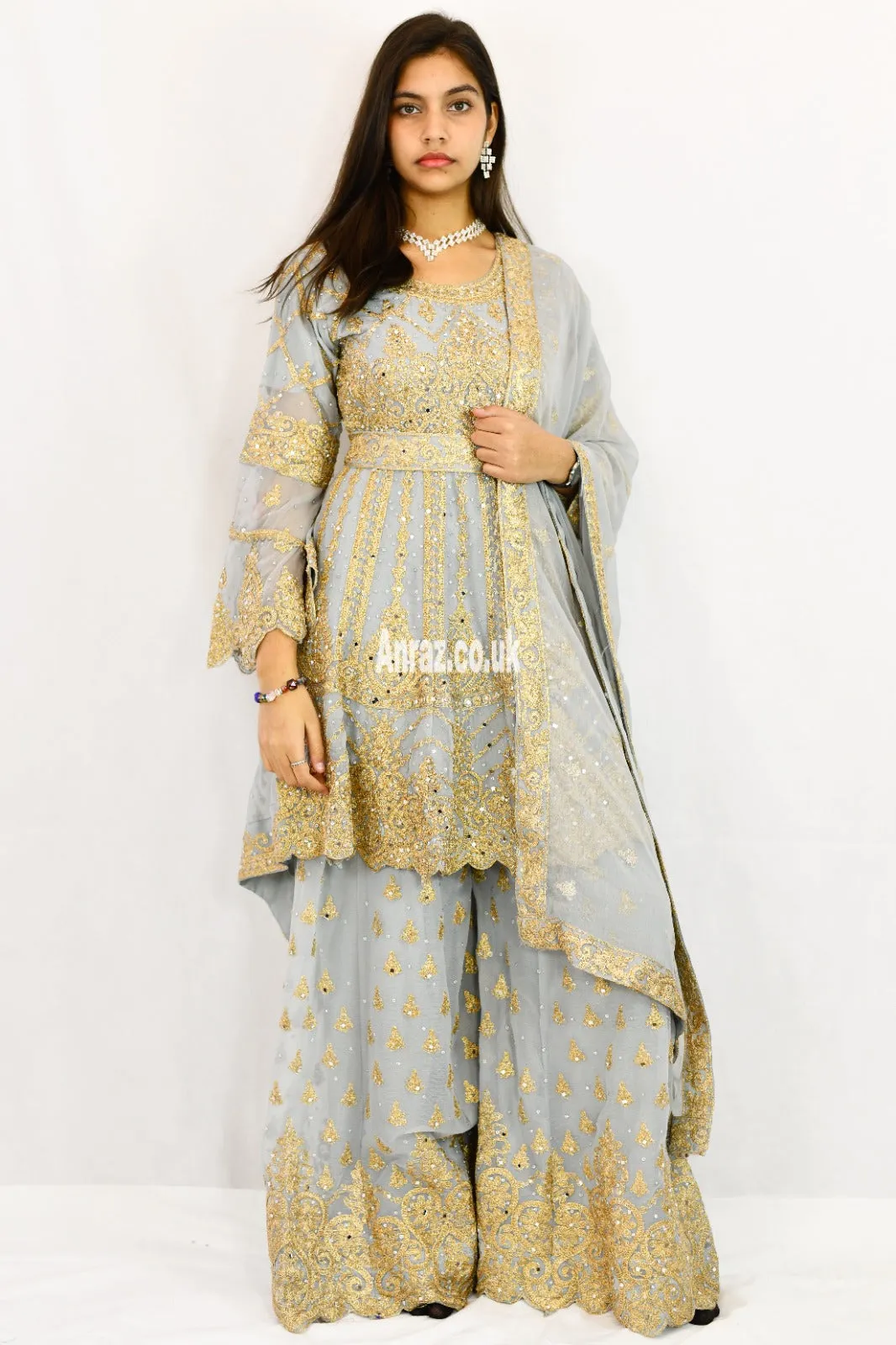 Peplum bell arms tailback top sharara suit | Silver Grey