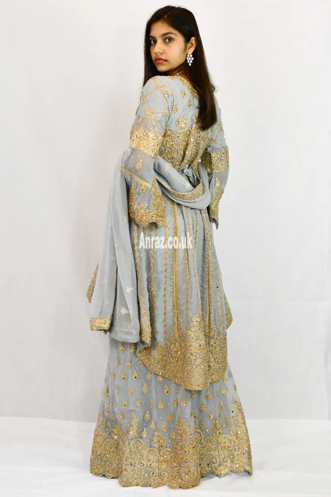 Peplum bell arms tailback top sharara suit | Silver Grey