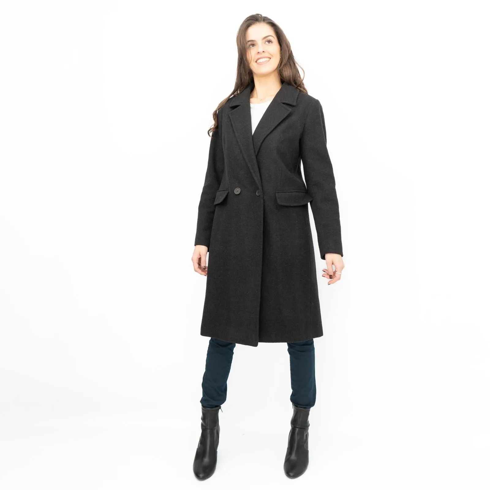 Phase Eight Revere Coat Wool Blend Double Breasted Knee Length Black