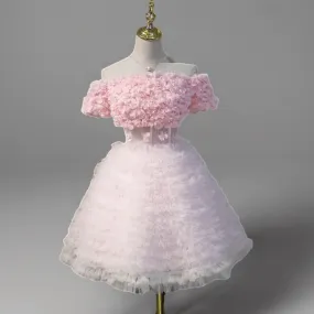Pink Floral Off-Shoulder Wedding Party Mini Dress - Layered Tulle Ruffle Dress - Corset Bridal Gown Plus Size