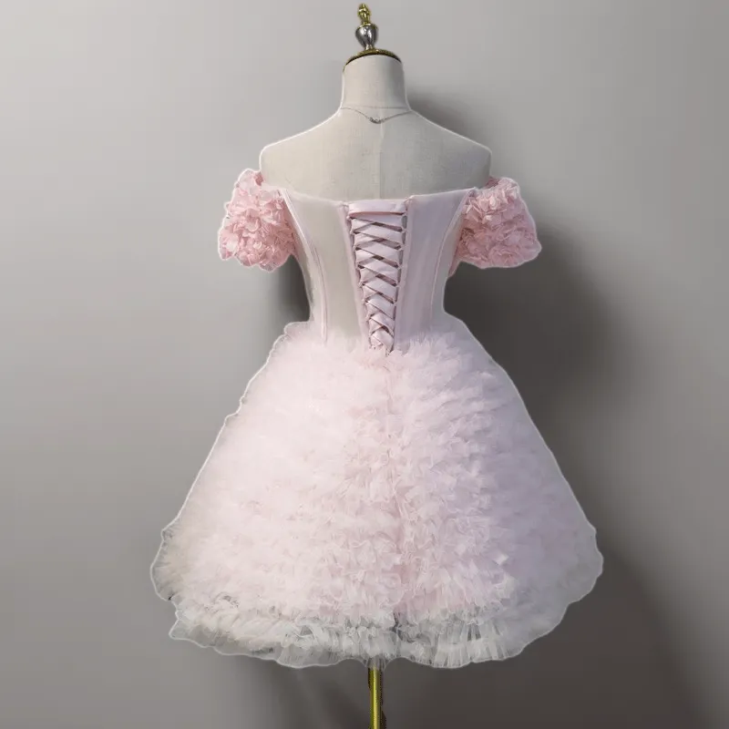 Pink Floral Off-Shoulder Wedding Party Mini Dress - Layered Tulle Ruffle Dress - Corset Bridal Gown Plus Size