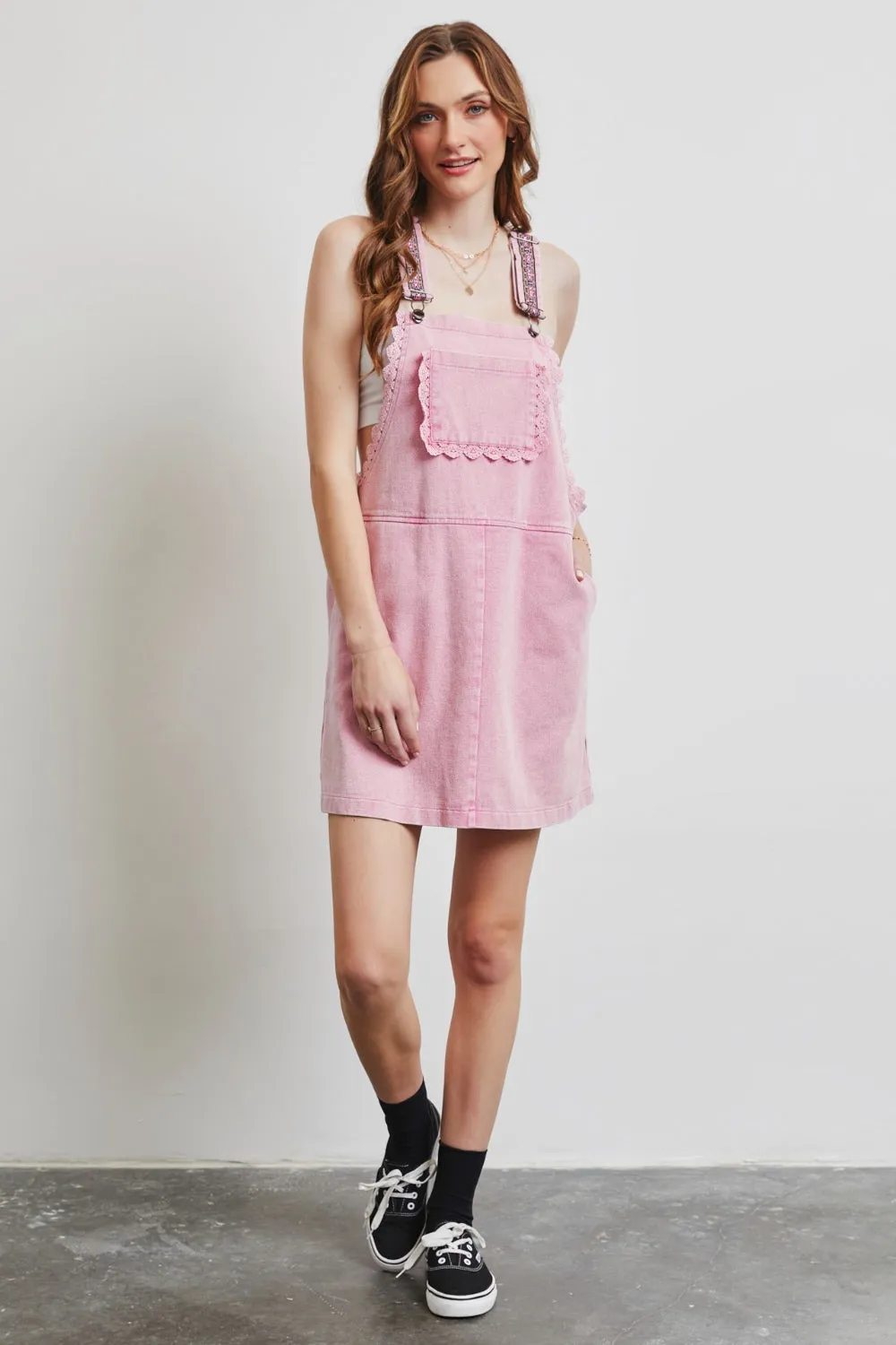 Pink Lace Trim Overall Dress