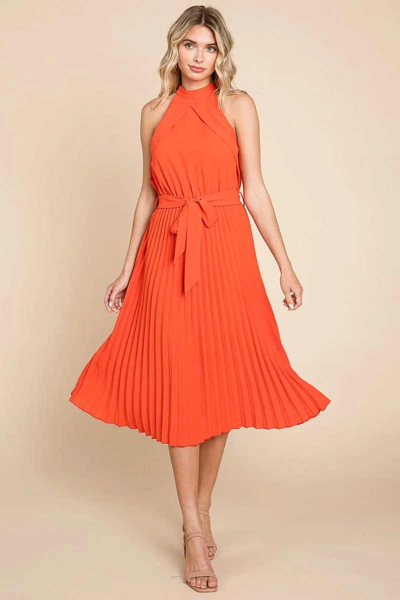 Pleated Self Tie Waist Halter Cocktail Dress, S-3X