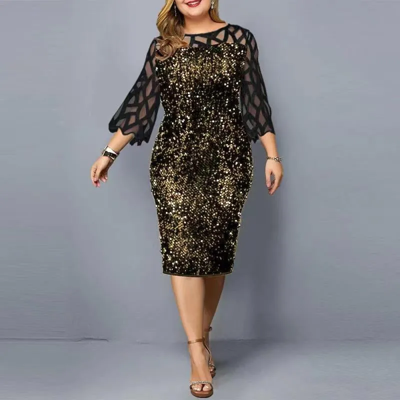 Plus size sequins bodycon midi dress | 3/4 sleeves party banquet formal evening dress
