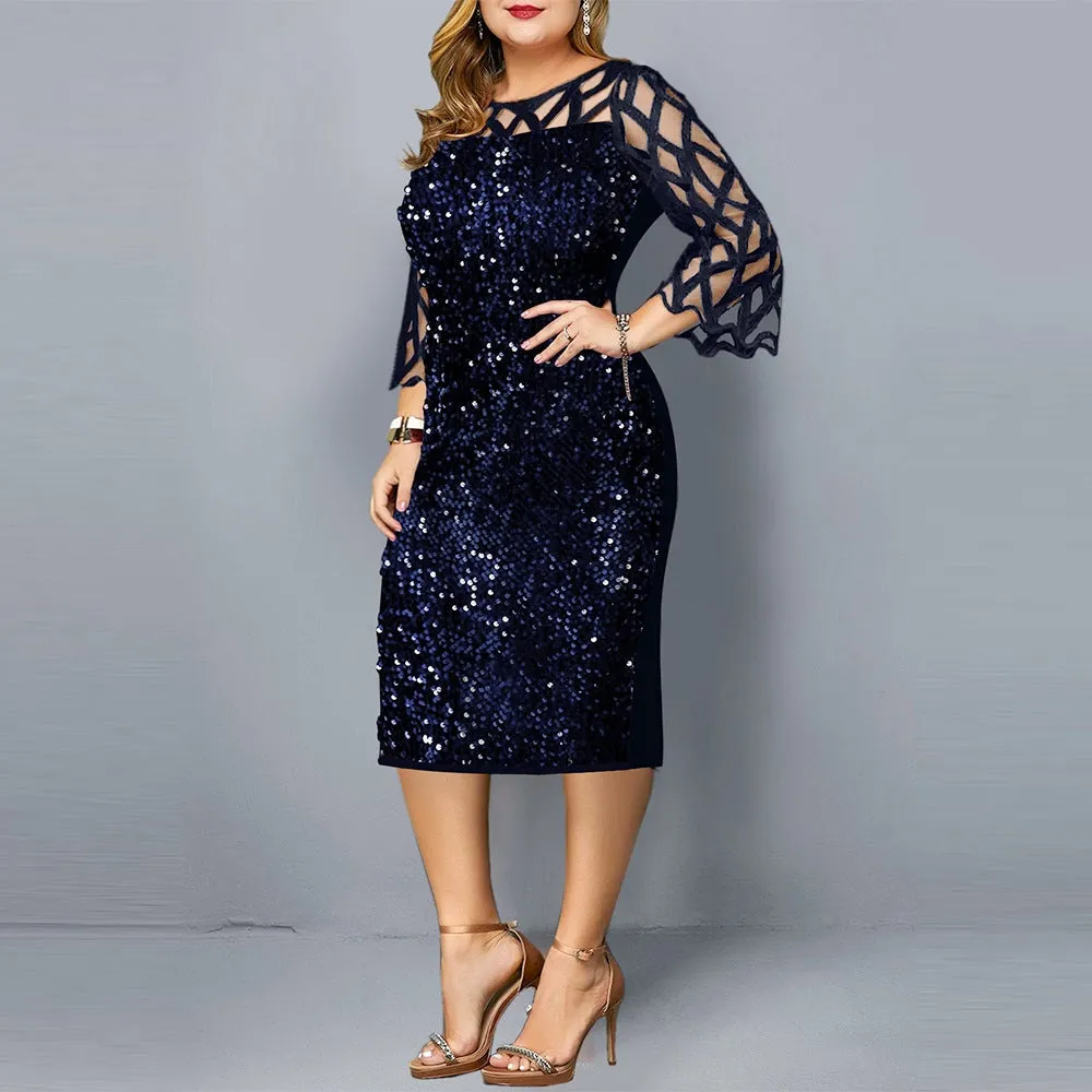 Plus size sequins bodycon midi dress | 3/4 sleeves party banquet formal evening dress