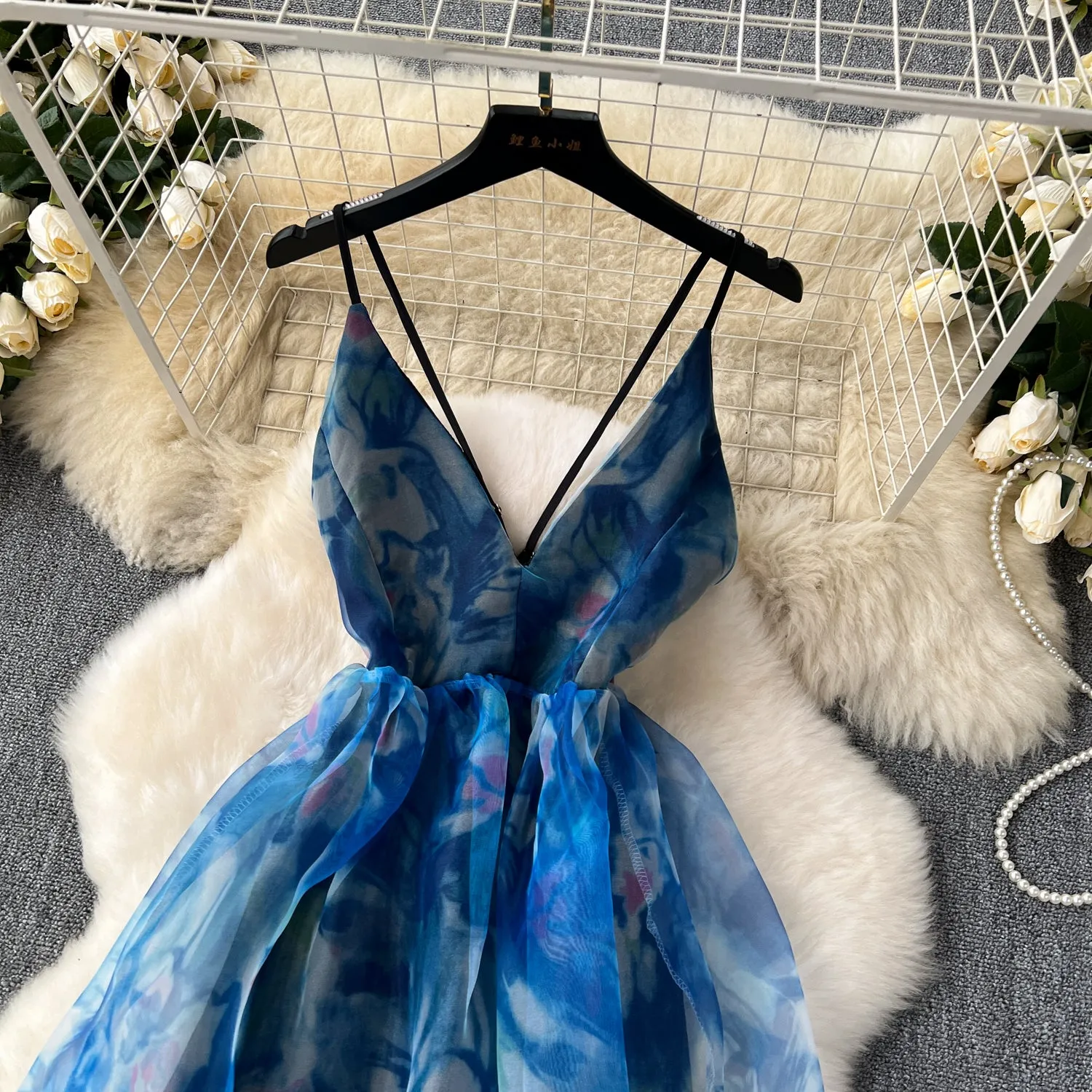 Printed Cutout Puffy Organza Slip Dress