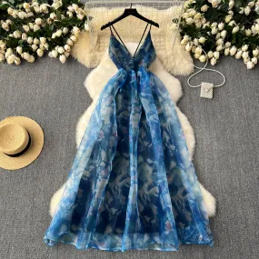 Printed Cutout Puffy Organza Slip Dress