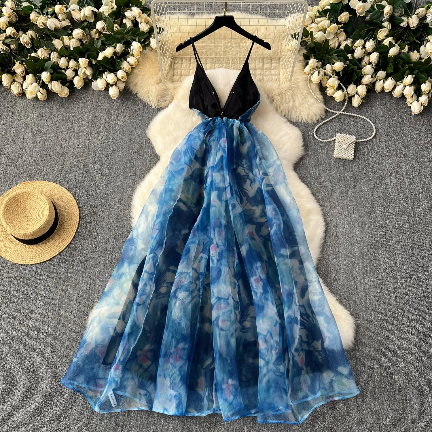 Printed Cutout Puffy Organza Slip Dress
