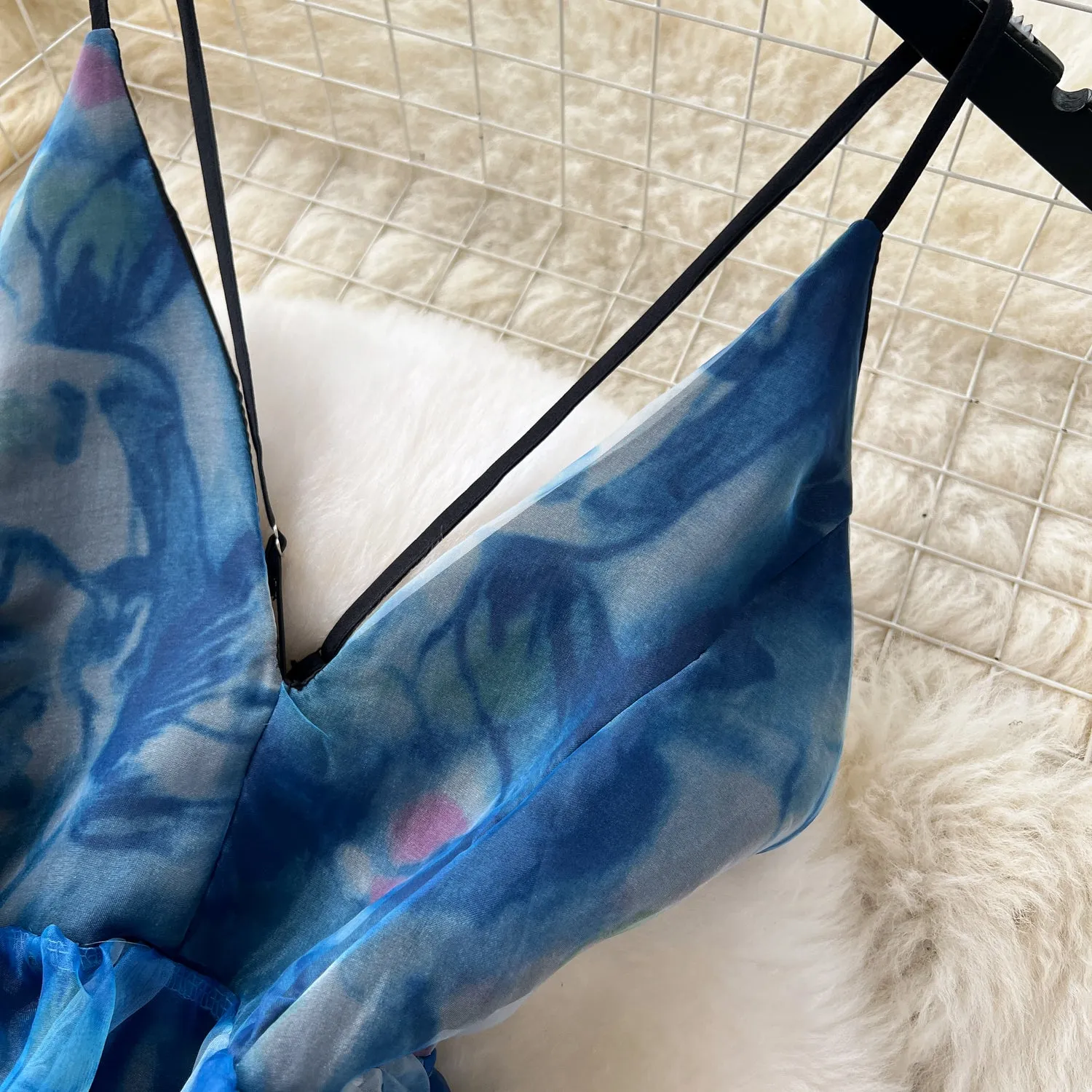 Printed Cutout Puffy Organza Slip Dress