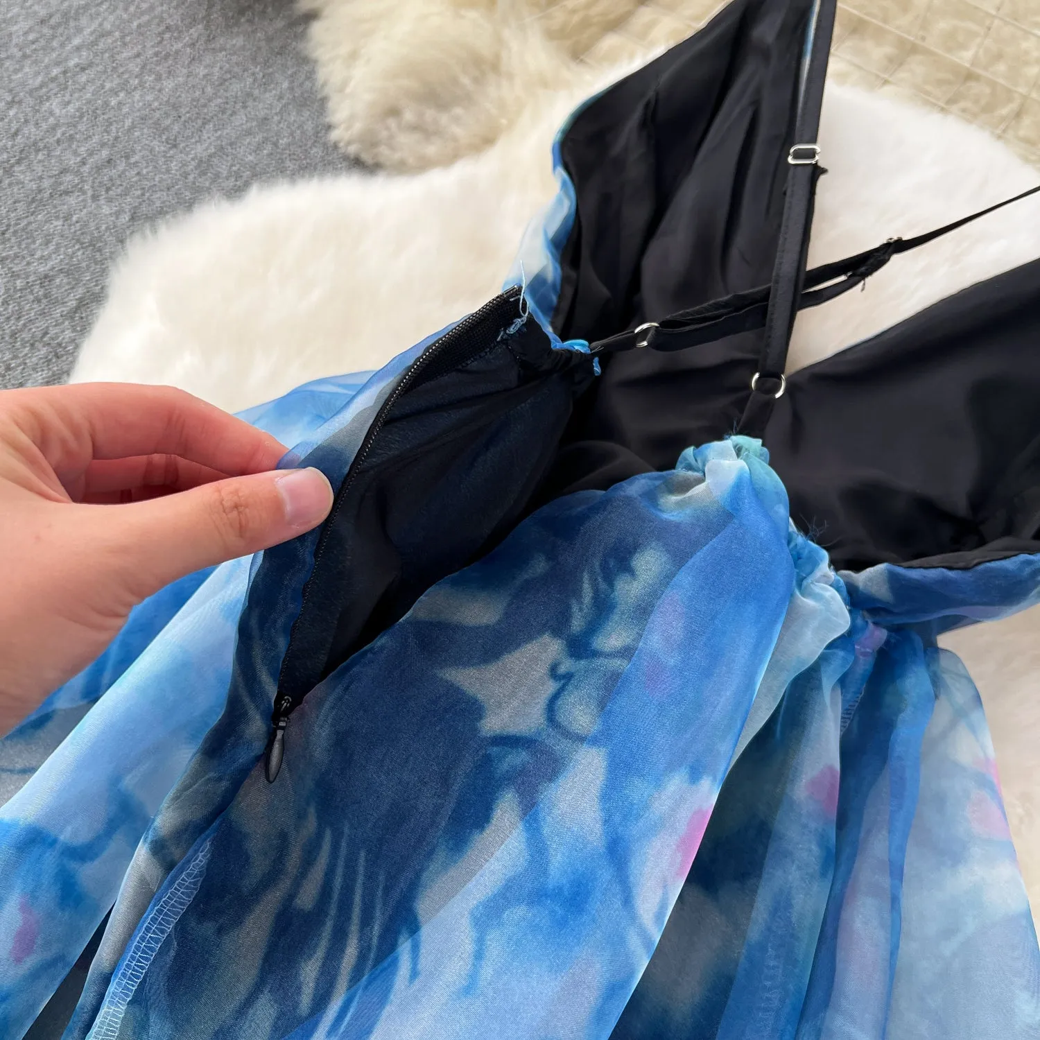 Printed Cutout Puffy Organza Slip Dress