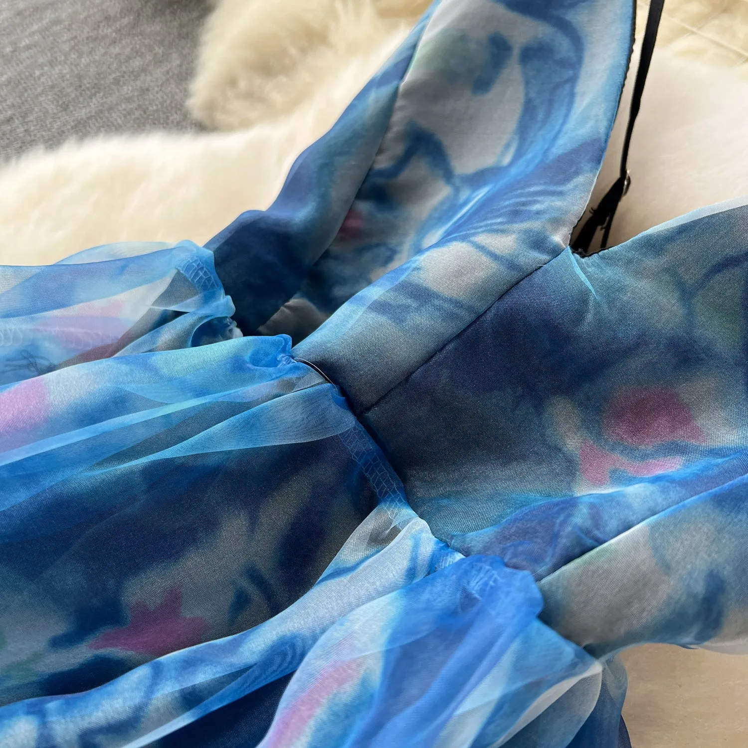 Printed Cutout Puffy Organza Slip Dress
