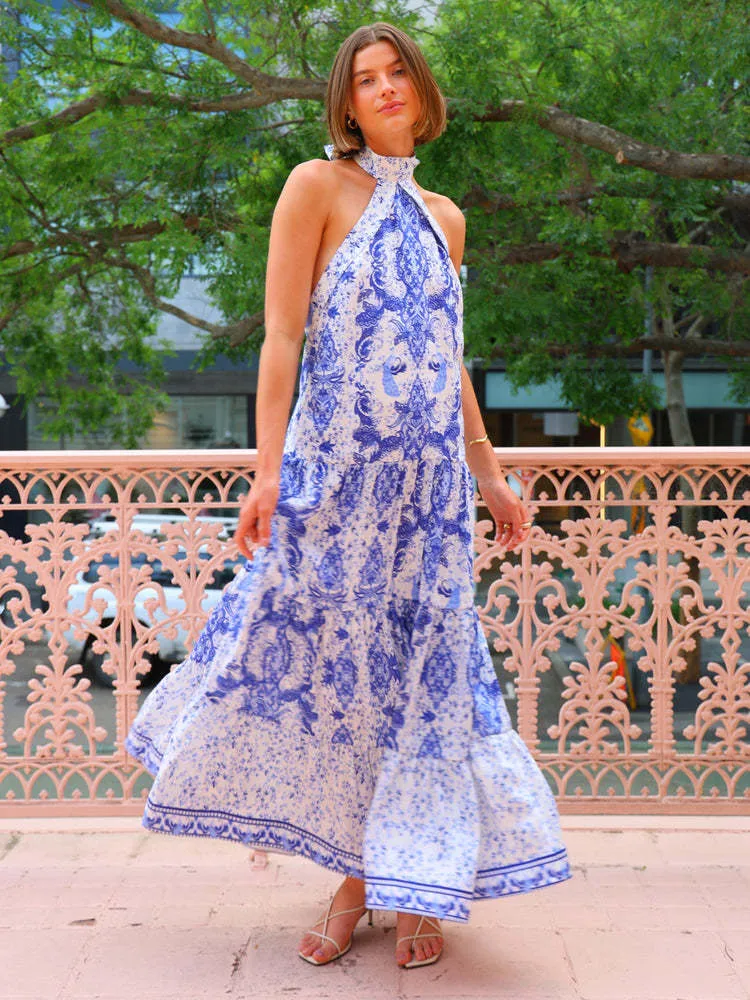 Printed Halter Backless Tied Lotus Leaf Dress