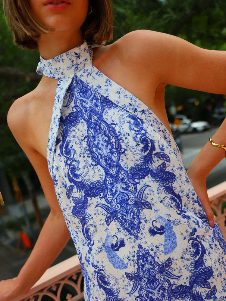 Printed Halter Backless Tied Lotus Leaf Dress