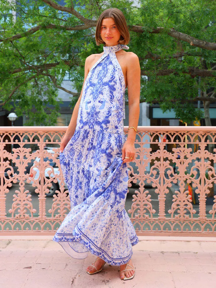 Printed Halter Backless Tied Lotus Leaf Dress