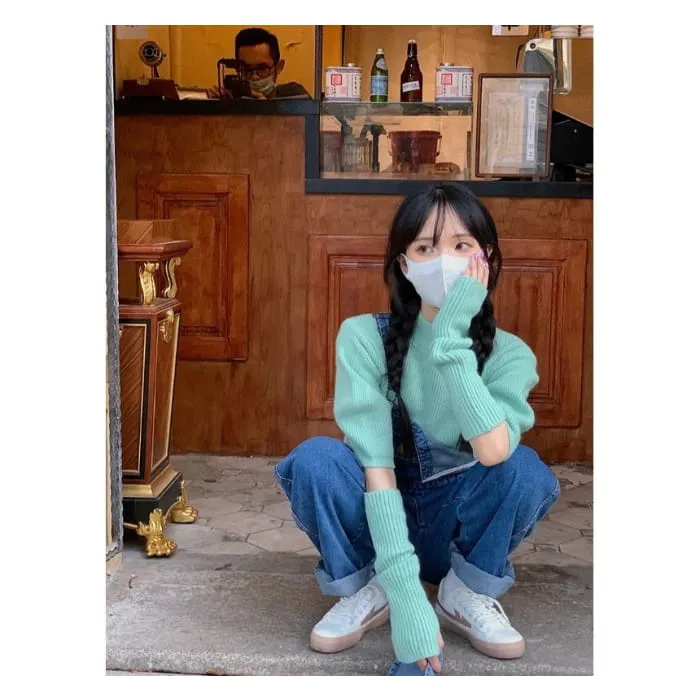 Puff-Sleeve Mock Neck Plain Knit Top / Arm Sleeves / Denim Overalls / Set