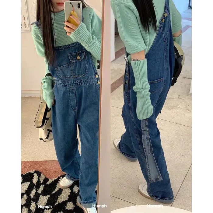 Puff-Sleeve Mock Neck Plain Knit Top / Arm Sleeves / Denim Overalls / Set