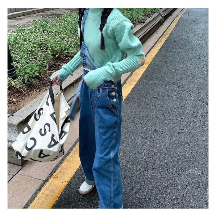 Puff-Sleeve Mock Neck Plain Knit Top / Arm Sleeves / Denim Overalls / Set