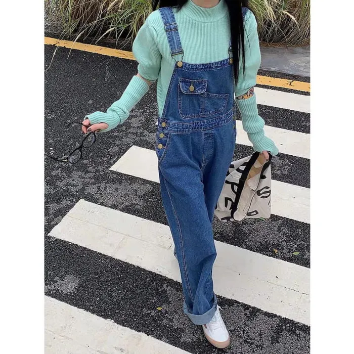 Puff-Sleeve Mock Neck Plain Knit Top / Arm Sleeves / Denim Overalls / Set