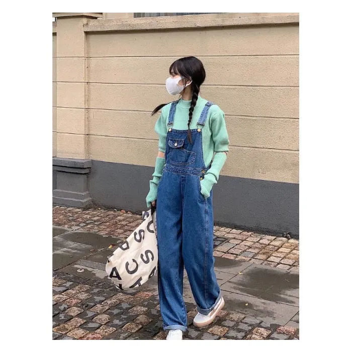 Puff-Sleeve Mock Neck Plain Knit Top / Arm Sleeves / Denim Overalls / Set