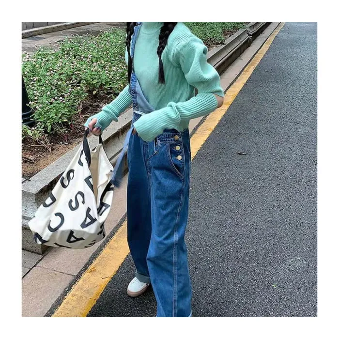 Puff-Sleeve Mock Neck Plain Knit Top / Arm Sleeves / Denim Overalls / Set