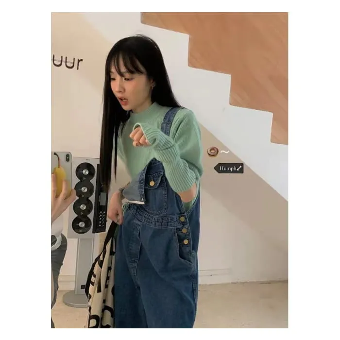 Puff-Sleeve Mock Neck Plain Knit Top / Arm Sleeves / Denim Overalls / Set