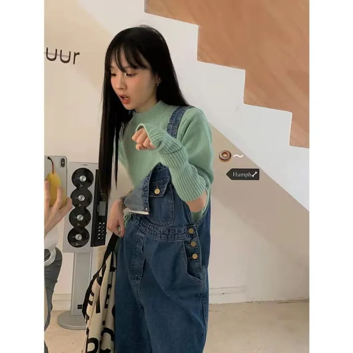 Puff-Sleeve Mock Neck Plain Knit Top / Arm Sleeves / Denim Overalls / Set