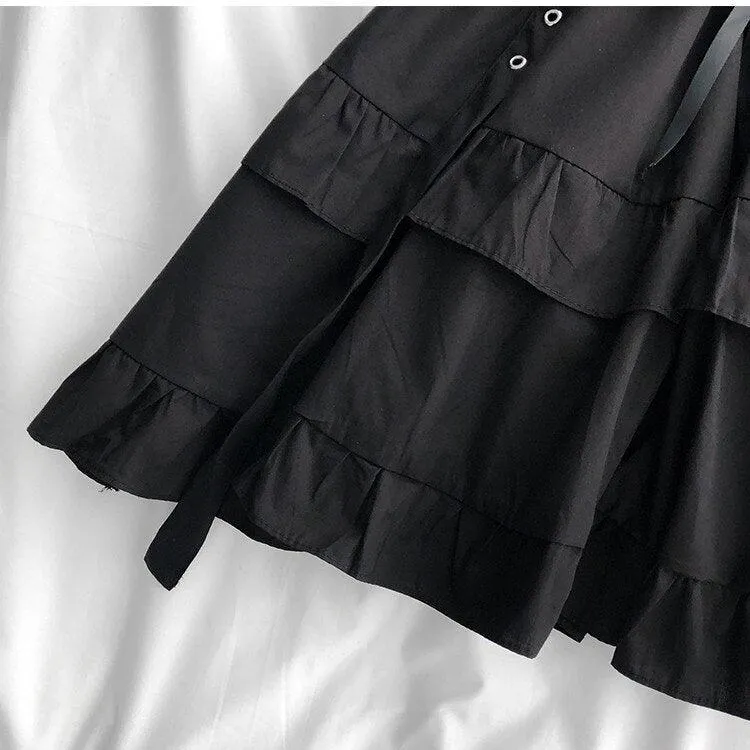 Punk Gothic Front Tie Dress, Impressive Puff Sleeve Clothes For Women