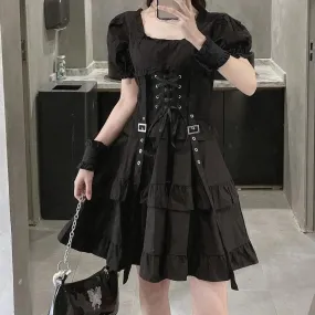 Punk Gothic Front Tie Dress, Impressive Puff Sleeve Clothes For Women