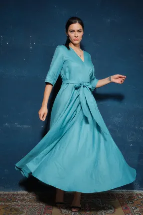 Pure Linen V-Neck Wrap Maxi Dress with Waist Belt