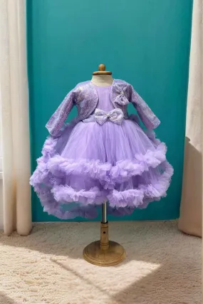 Purple Sleeveless And Bow Embellished Tailback Frock With Sequin Worked Overcoat For Girls
