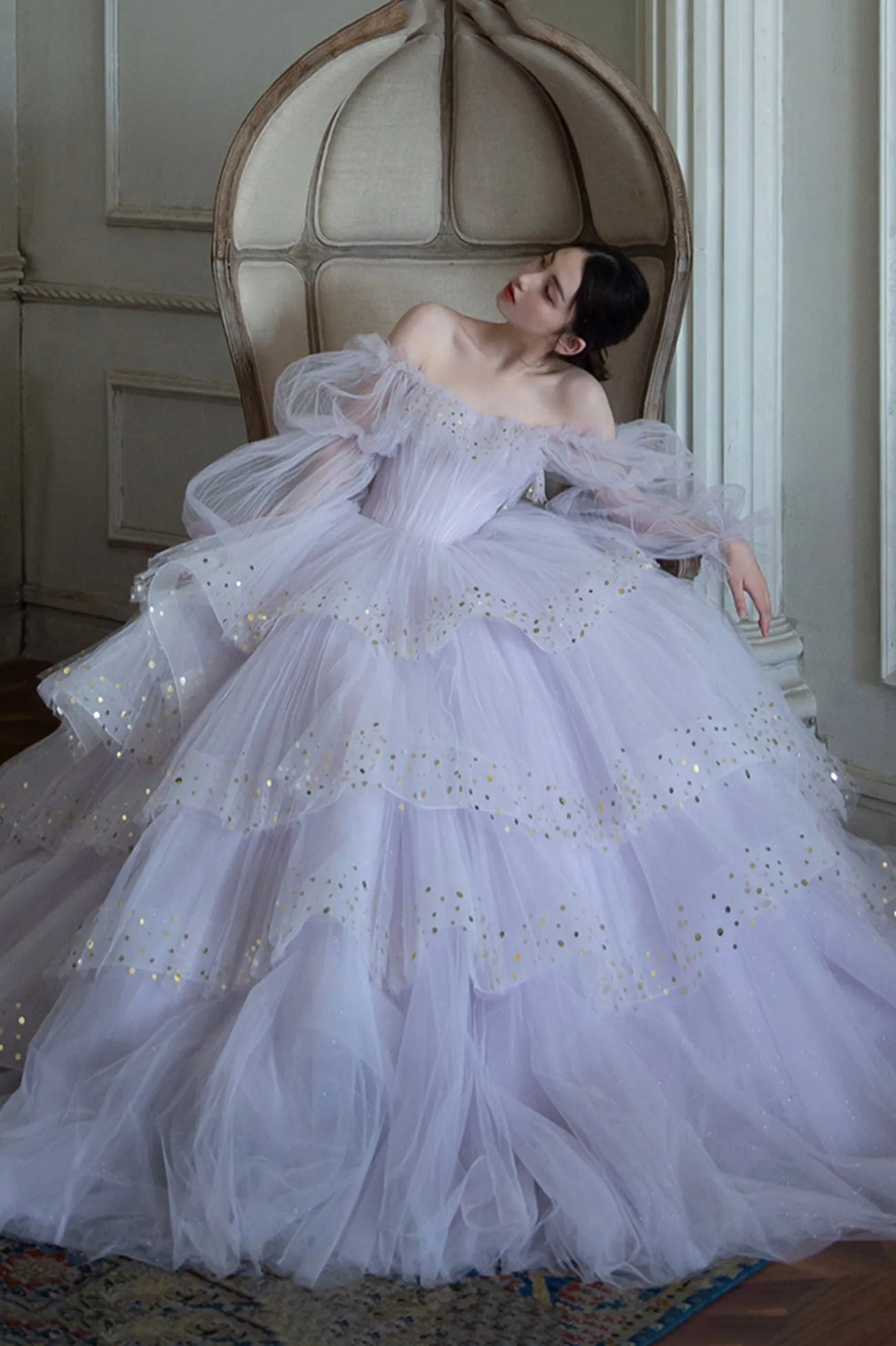 Purple Tulle Layers Long A-Line Prom Dress, Off the Shoulder Evening Gown