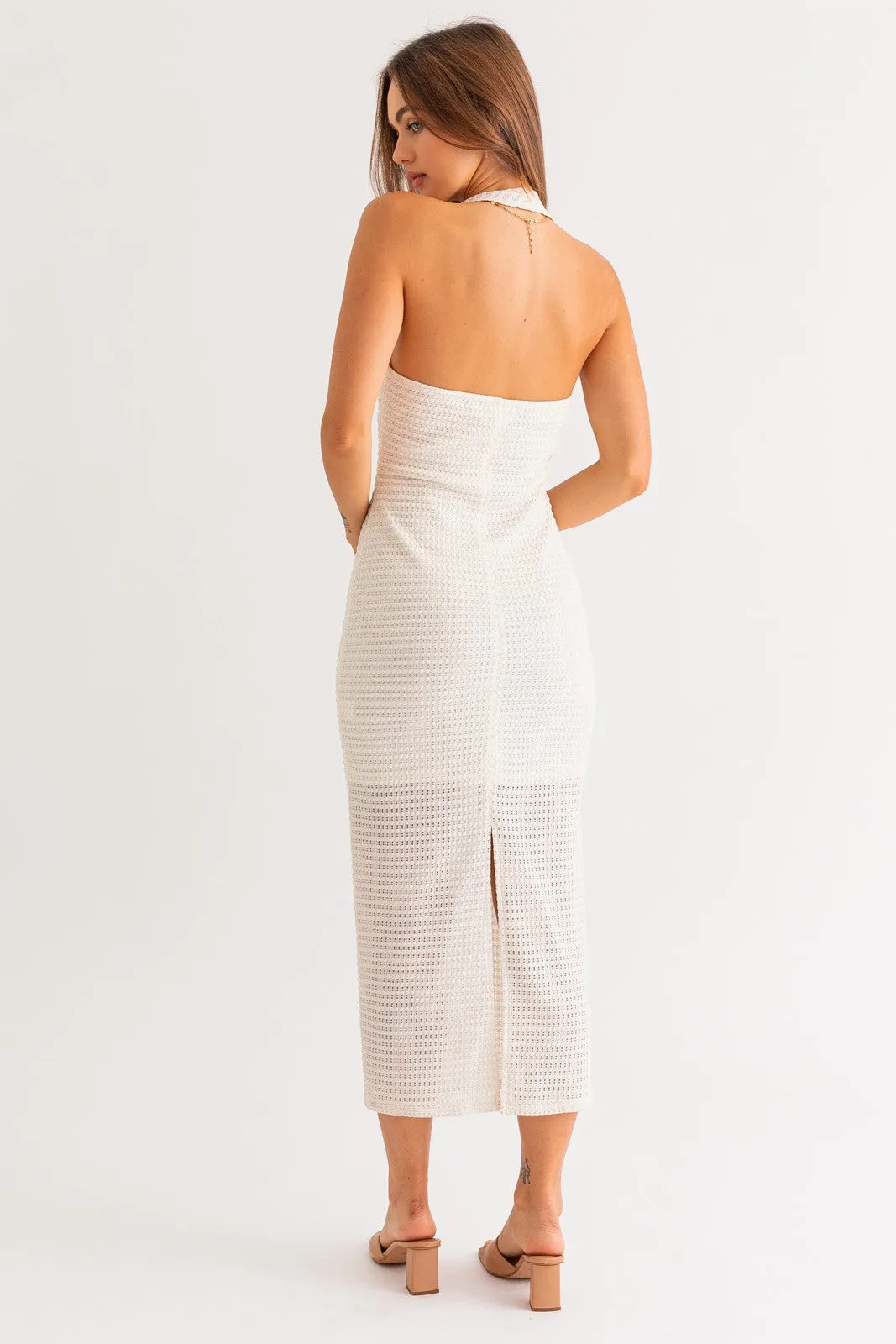 "First Look" White Halter V Neck Midi Dress