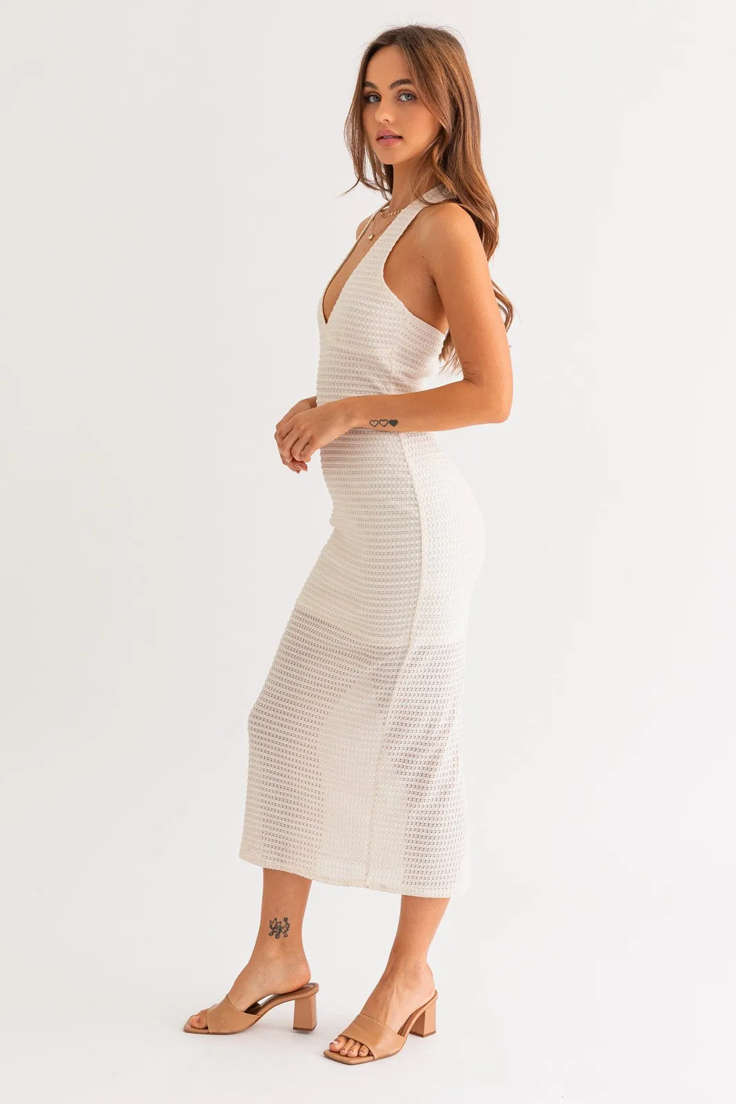 "First Look" White Halter V Neck Midi Dress