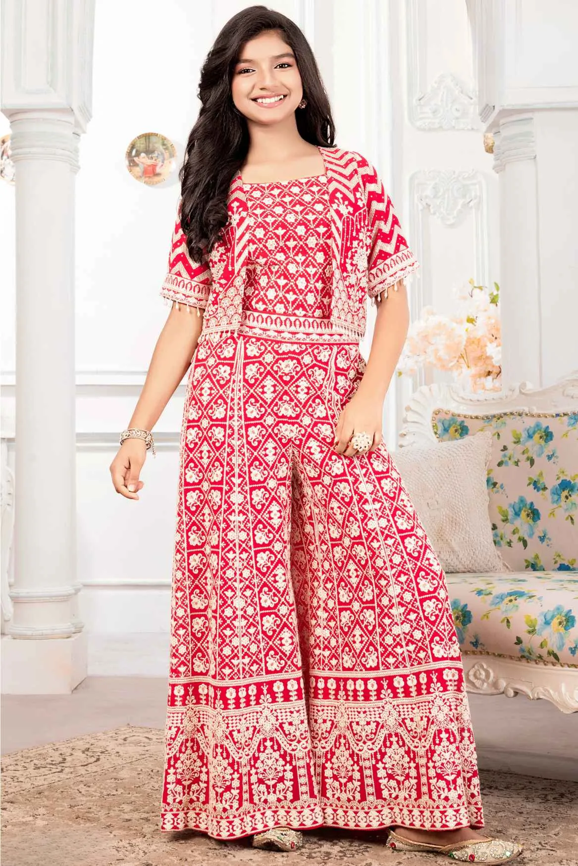 Rani Pink Sequins Embroidered With Overcoat Palazzo Set For Girls