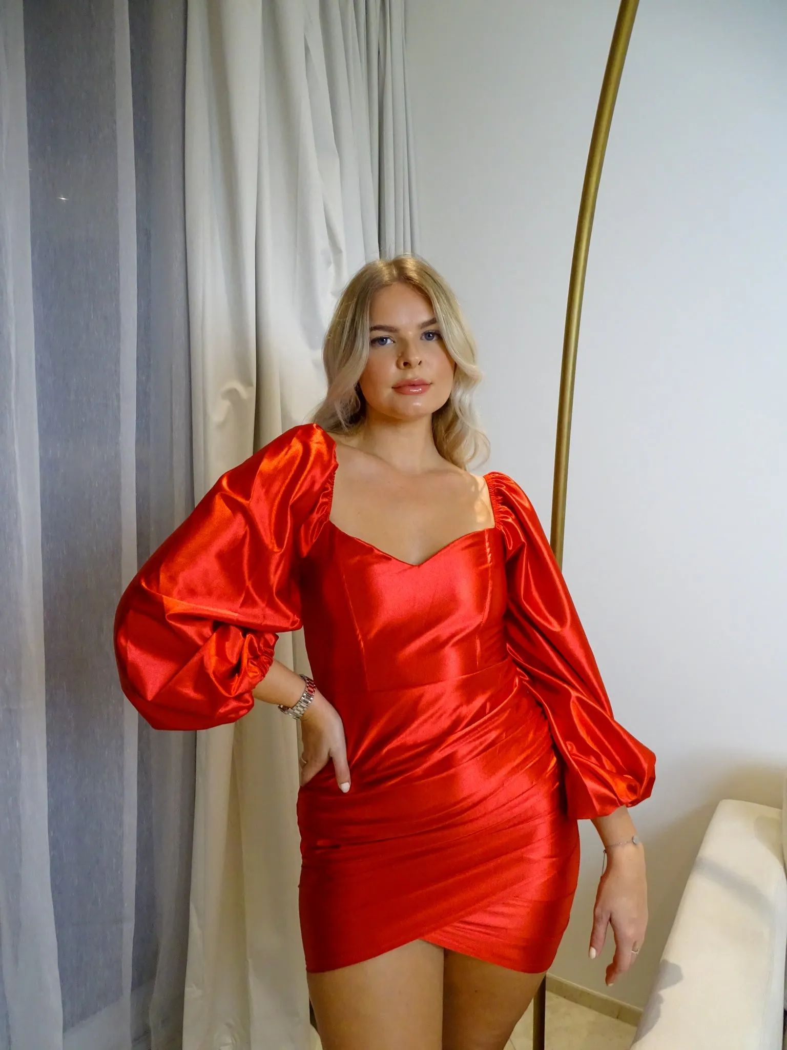 Red Lantern Long Sleeve Sweetheart Neck line Thick Satin Mini Dress