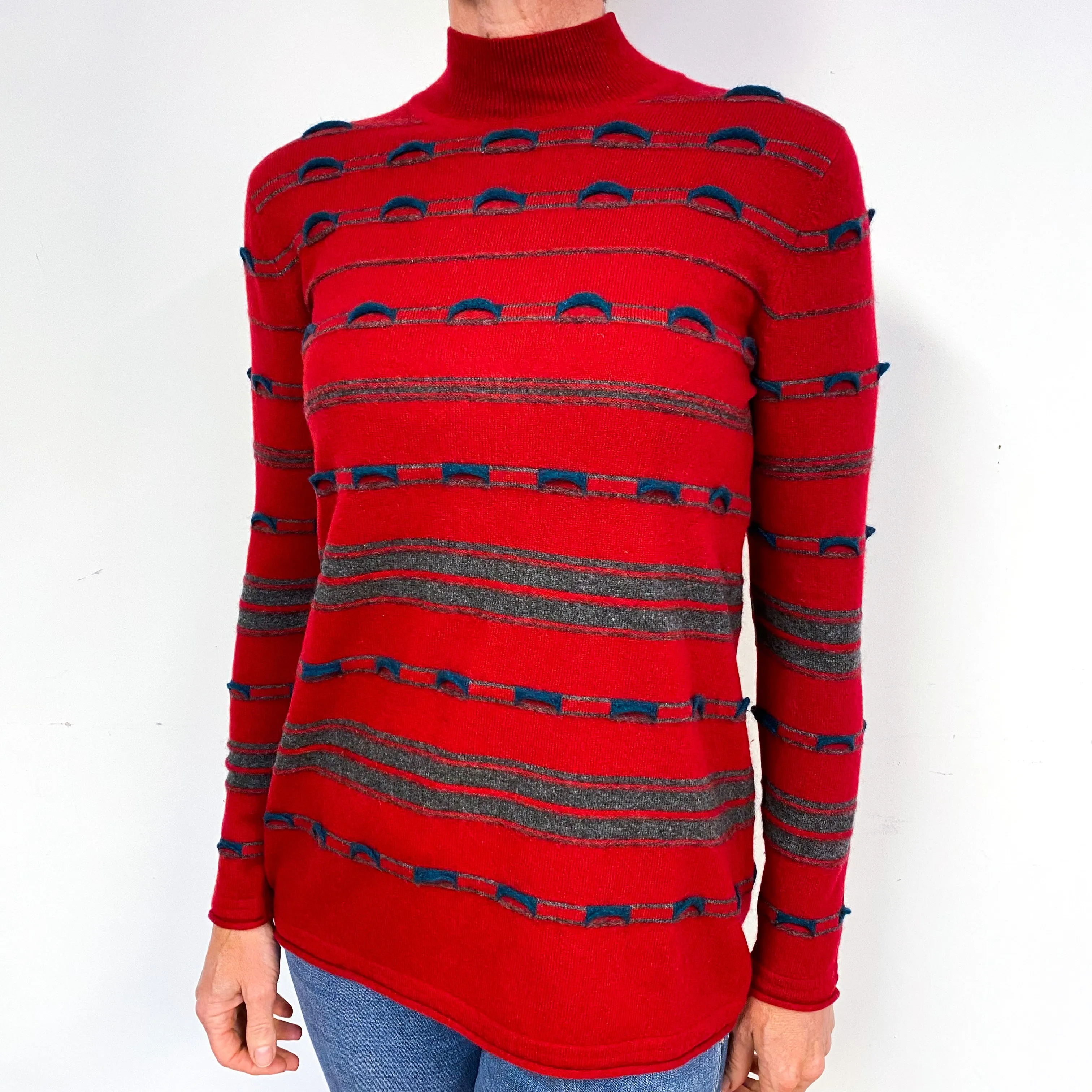 Red Textured Stripe Cashmere Turtle Neck Jumper Medium
