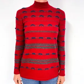 Red Textured Stripe Cashmere Turtle Neck Jumper Medium